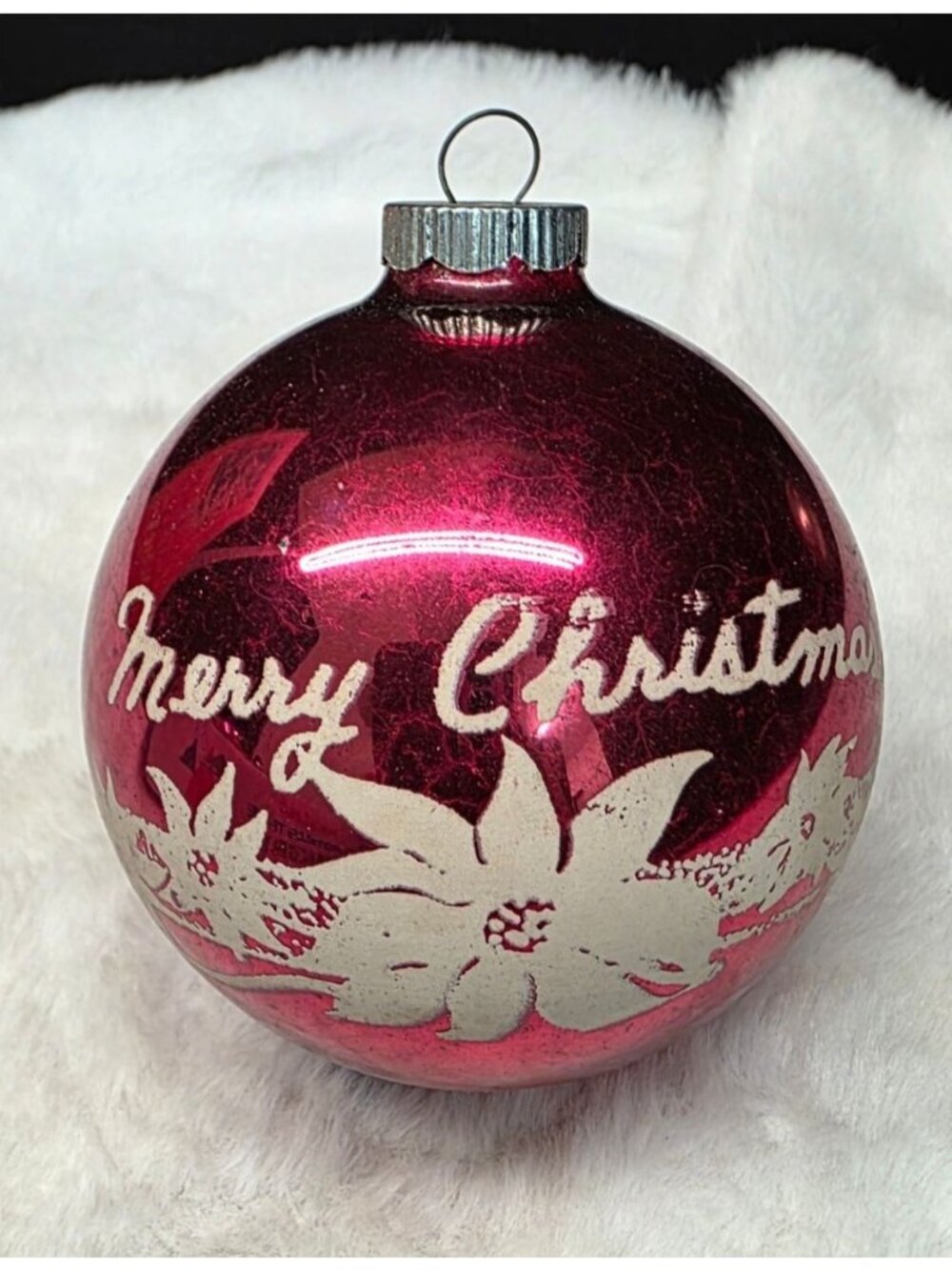 Vintage MCM Red Merry Christmas Flower Stenciled Shiny Brite Christmas Ornament